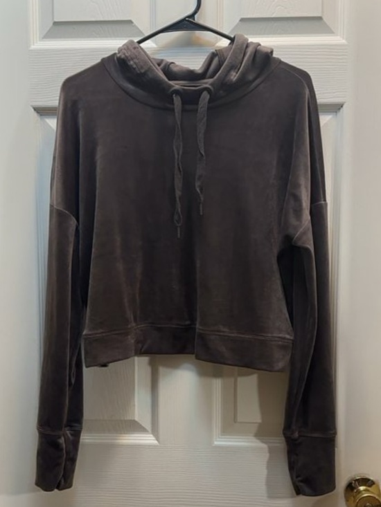 aerie Tops - aerie Velvet-Look Pullover Hoodie in Charcoal